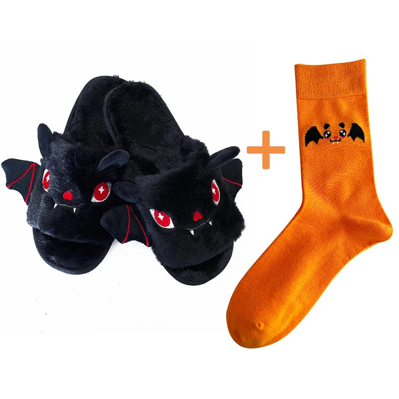 Halloween Bat Plush Slippers for Women and Men - Lightweight, Silent, and Fuzzy Home Footwear for Adults and Kids