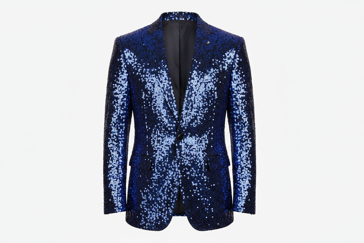 Make a statement with this eye-catching sequin blazer, designed for the modern man who isn't afraid to stand out. Featuring a sleek one-button closure and premium sequin detailing throughout, this piece transforms any outfit into something memorable. The tailored fit accommodates full and plus sizes, ensuring comfort without compromising on style. Perfect for nights out, special events, or whenever you want to elevate your casual wear with a touch of shimmer and sophistication.color blue
