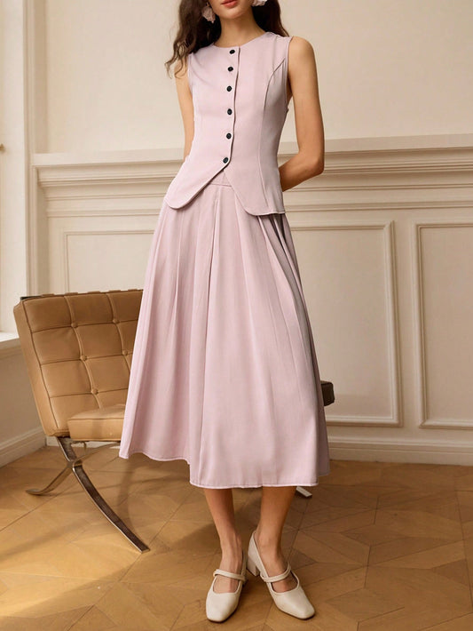 Clasi Women'S Pink Sleeveless Vest & Pleated Midi Skirt Elegant Suit Set, Summer