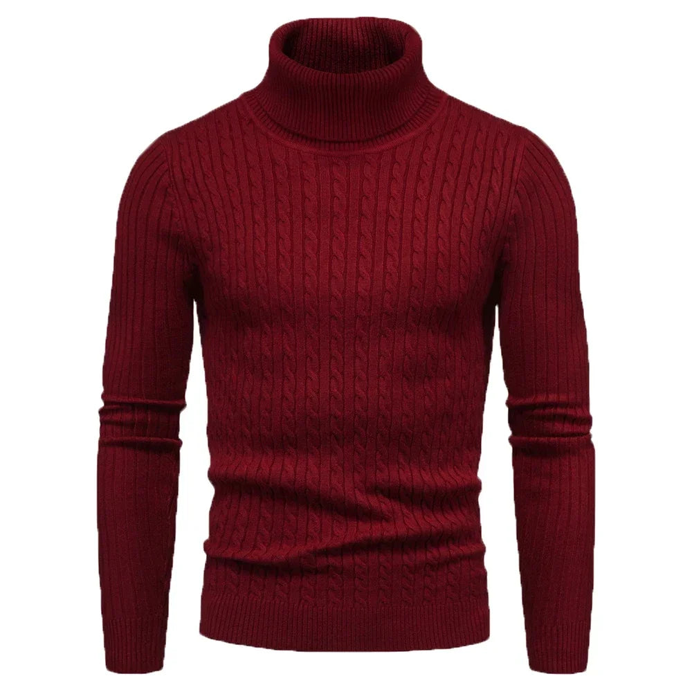 Men's Slim Fit Turtleneck Sweater - Solid Color Knitted Pullover for Autumn and Winter