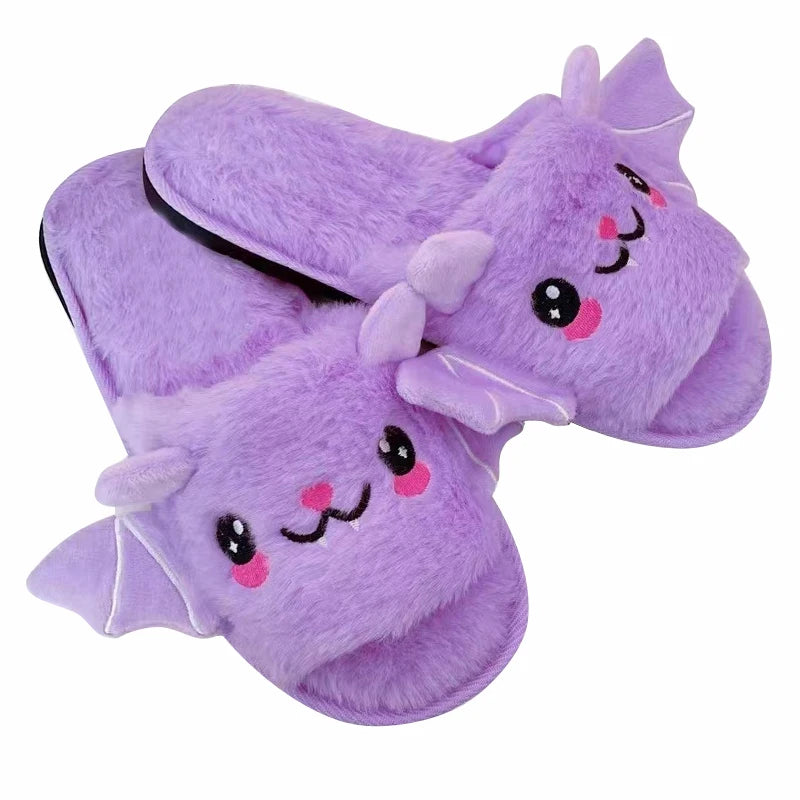 Halloween Bat Plush Slippers for Women and Men - Lightweight, Silent, and Fuzzy Home Footwear for Adults and Kids