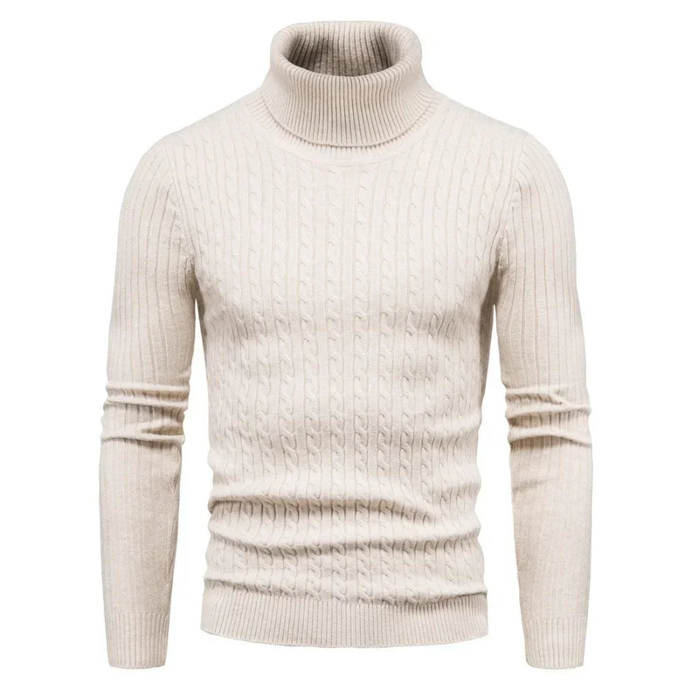 Men's Slim Fit Turtleneck Sweater - Solid Color Knitted Pullover for Autumn and Winter
