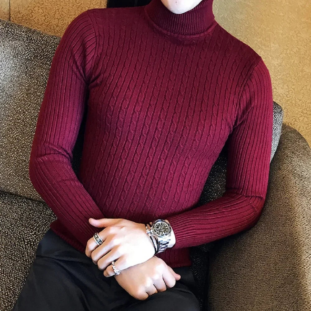 Men's Slim Fit Turtleneck Sweater - Solid Color Knitted Pullover for Autumn and Winter
