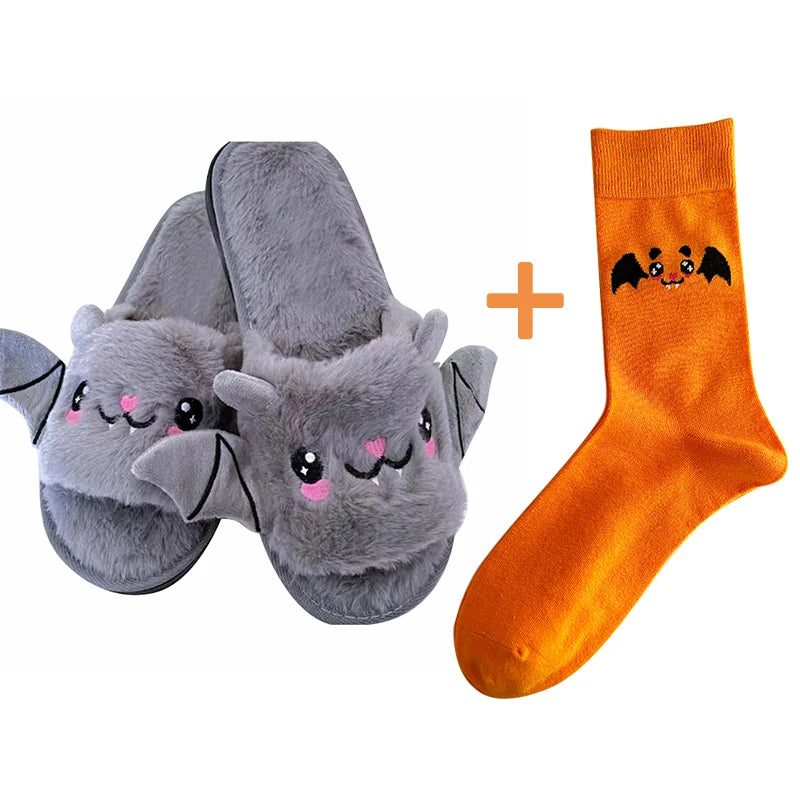 Halloween Bat Plush Slippers for Women and Men - Lightweight, Silent, and Fuzzy Home Footwear for Adults and Kids