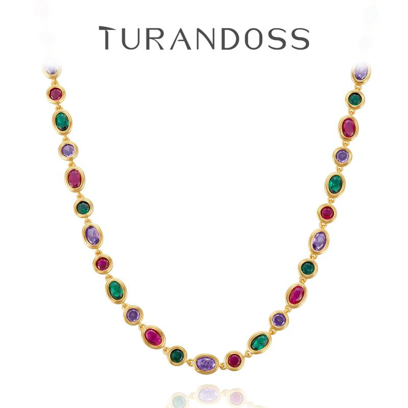 Turandoss Unisex 14K Gold Plated Multicolor Gemstone Tennis Necklace Square & Teardrop Cut Cubic Zirconia Choker Colorful Chain Jewelry Gift for Men & Women Birthday Wedding Anniversary