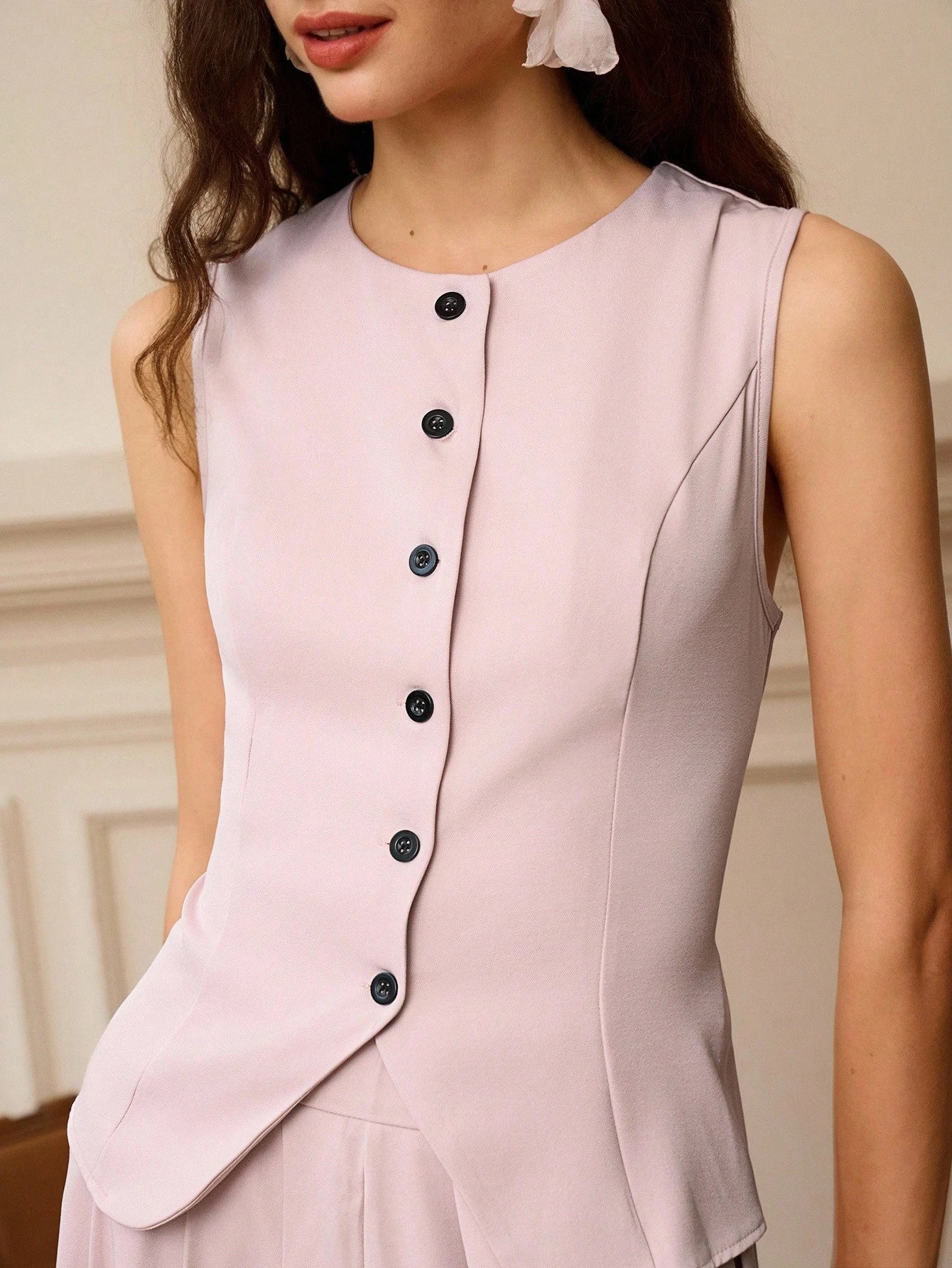 Clasi Women'S Pink Sleeveless Vest & Pleated Midi Skirt Elegant Suit Set, Summer