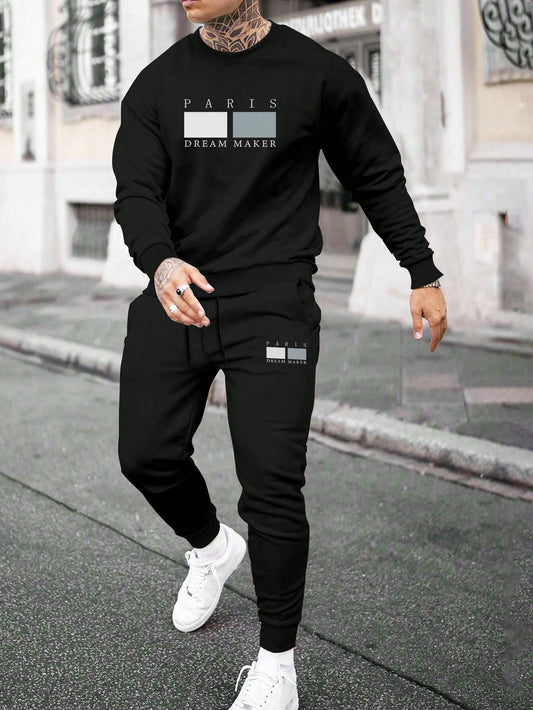 Manfinity Homme Men'S Casual Letter Print Oversized Sweatshirt and Jogger Pants Set, Fall Clothes