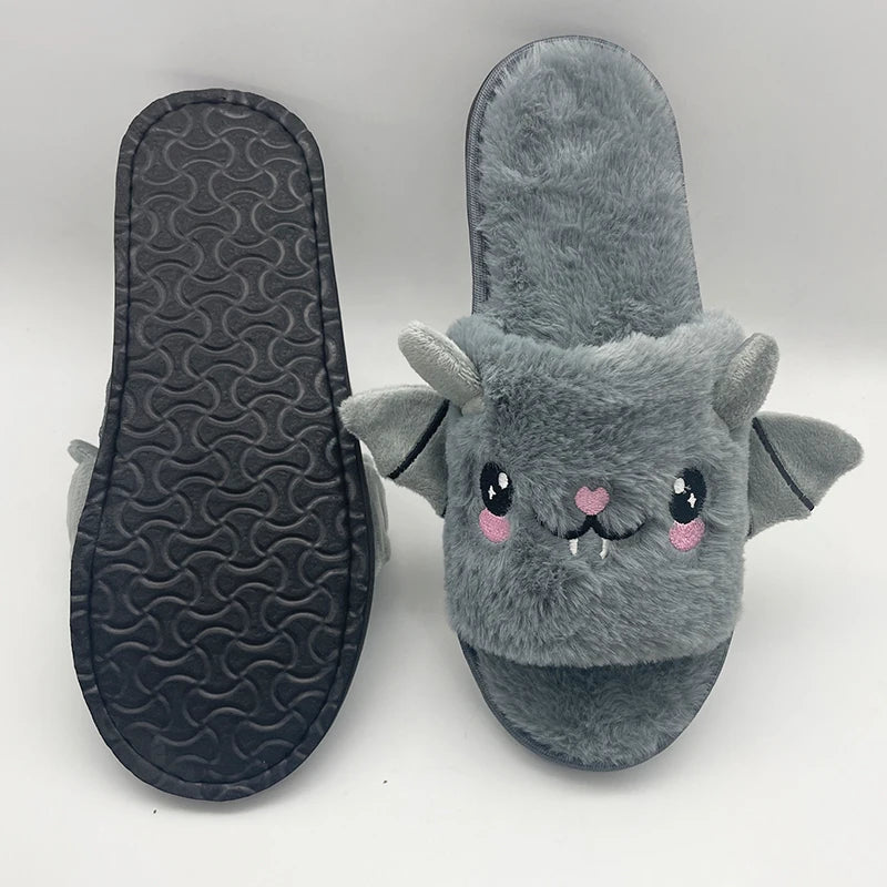 Halloween Bat Plush Slippers for Women and Men - Lightweight, Silent, and Fuzzy Home Footwear for Adults and Kids