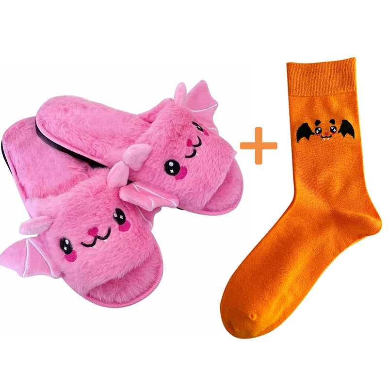 Halloween Bat Plush Slippers for Women and Men - Lightweight, Silent, and Fuzzy Home Footwear for Adults and Kids