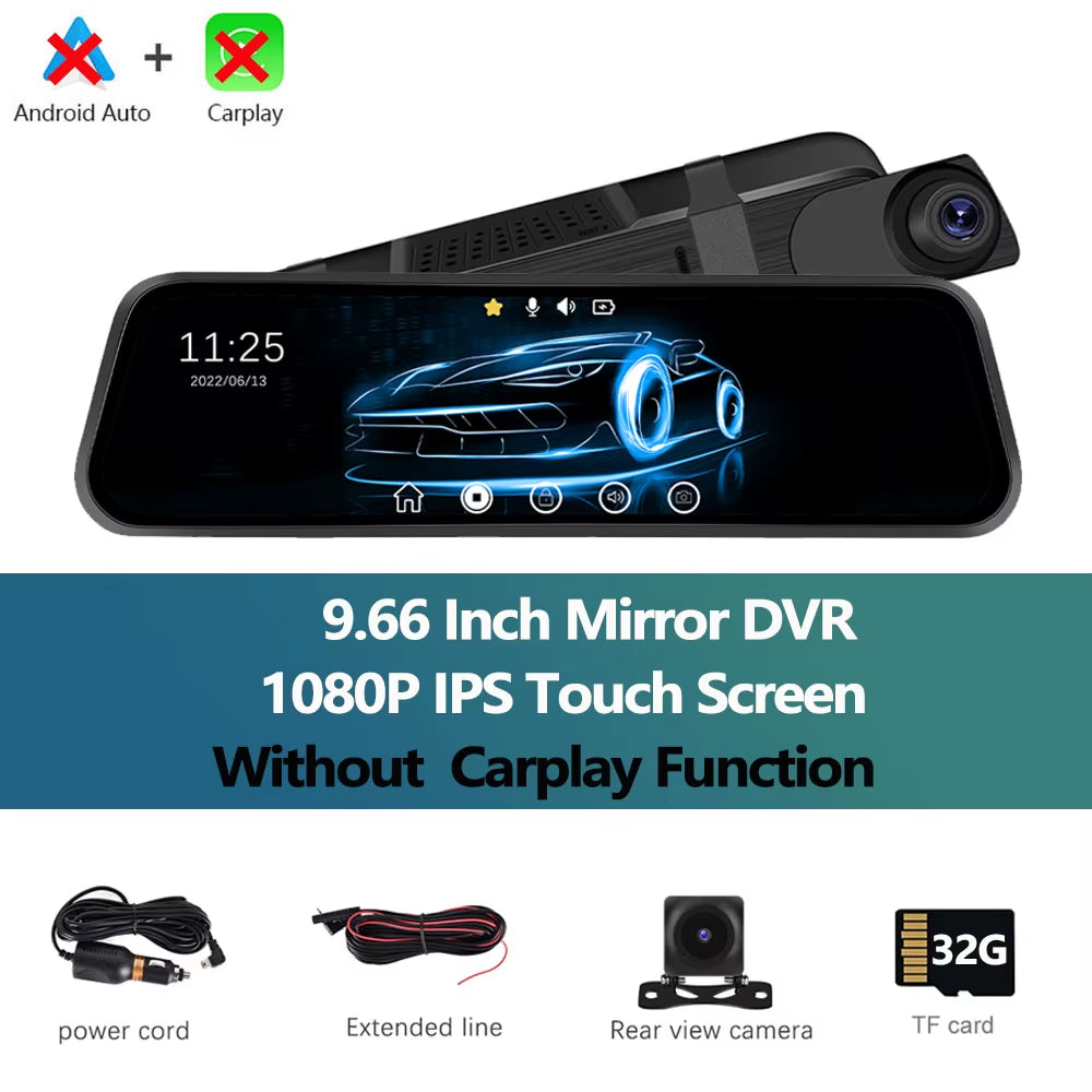 Car DVR Mirror 9.66 Inch Touch Screen Stream Rearview Dash Cam Mirror Dual Car Camera Wireless Carplay Drive Recorder