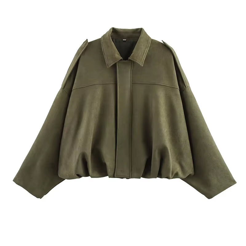 New 2025 Women Suede Textured Bomber Jacket Long Sleeve Lapel Collar Loose Coats Casual Female Outerwear Chic Tops