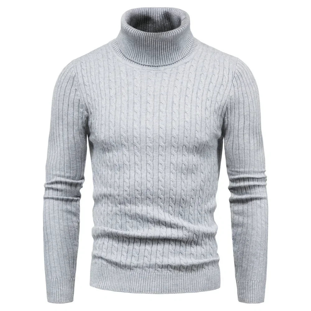 Men's Slim Fit Turtleneck Sweater - Solid Color Knitted Pullover for Autumn and Winter