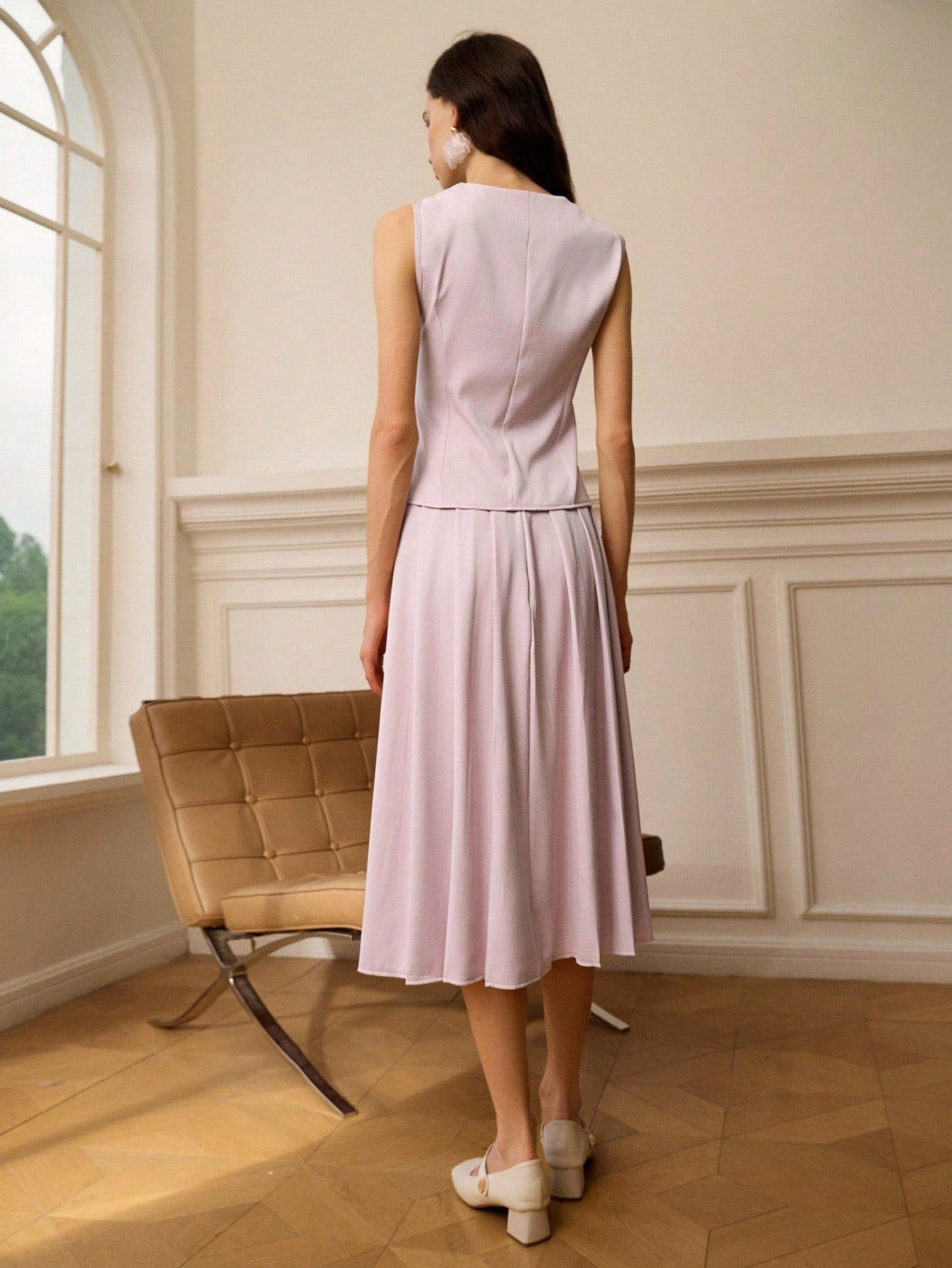 Clasi Women'S Pink Sleeveless Vest & Pleated Midi Skirt Elegant Suit Set, Summer