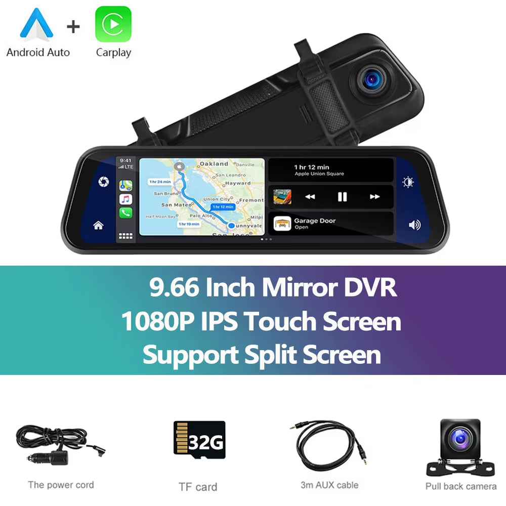 Car DVR Mirror 9.66 Inch Touch Screen Stream Rearview Dash Cam Mirror Dual Car Camera Wireless Carplay Drive Recorder