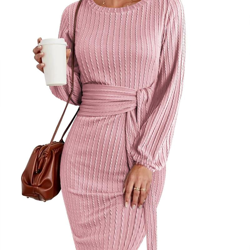 Women'S Elegant Knit Dress Long Lantern Sleeve Fall Bodycon Crewneck Tie Waist Rib Knitted Sweater Dresses Basic Chic Minimalist Sizes Run Small Petite