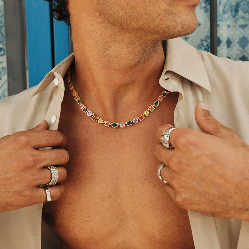 Turandoss Unisex 14K Gold Plated Multicolor Gemstone Tennis Necklace Square & Teardrop Cut Cubic Zirconia Choker Colorful Chain Jewelry Gift for Men & Women Birthday Wedding Anniversary