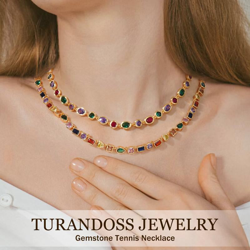 Turandoss Unisex 14K Gold Plated Multicolor Gemstone Tennis Necklace Square & Teardrop Cut Cubic Zirconia Choker Colorful Chain Jewelry Gift for Men & Women Birthday Wedding Anniversary
