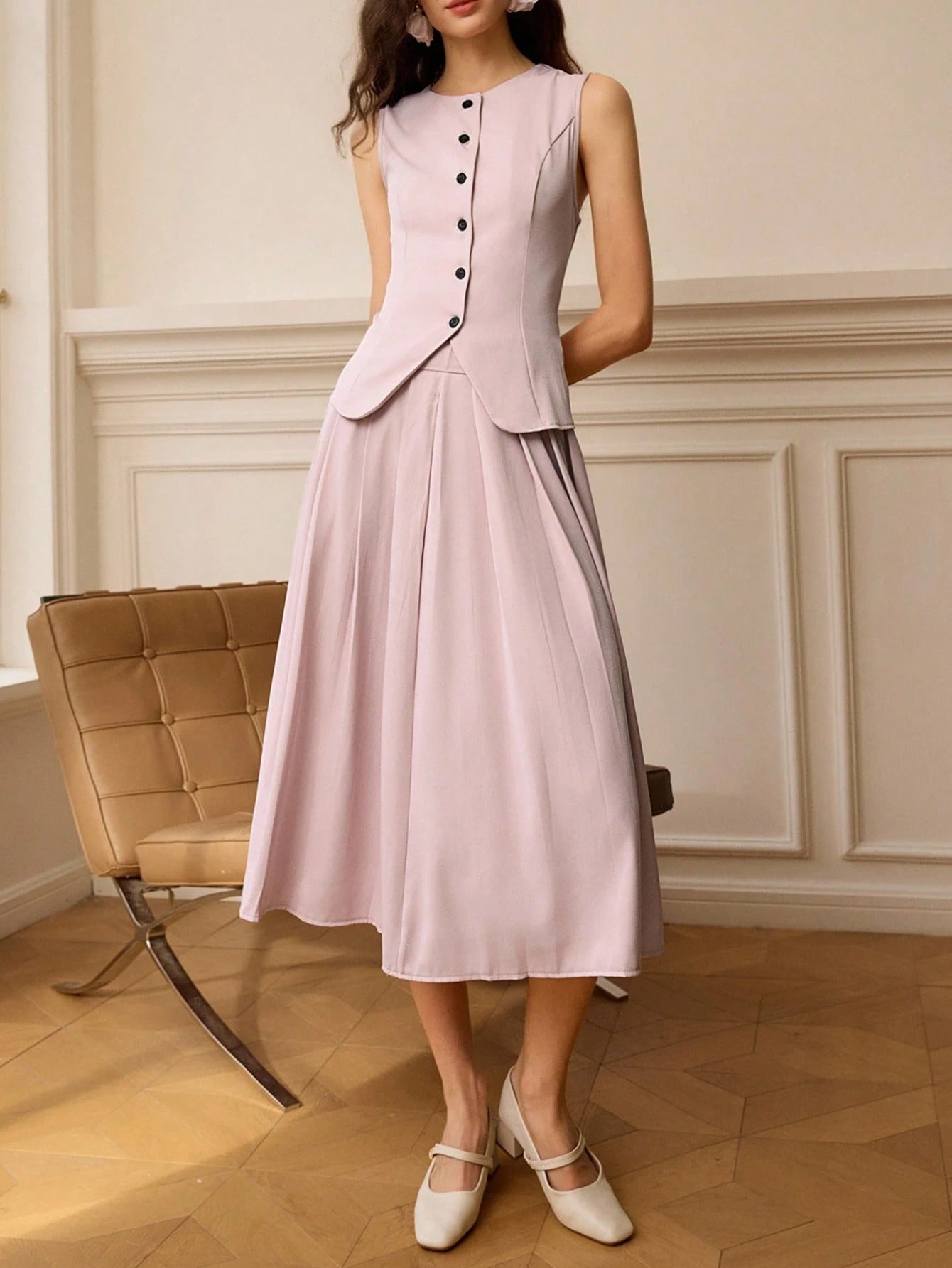 Clasi Women'S Pink Sleeveless Vest & Pleated Midi Skirt Elegant Suit Set, Summer