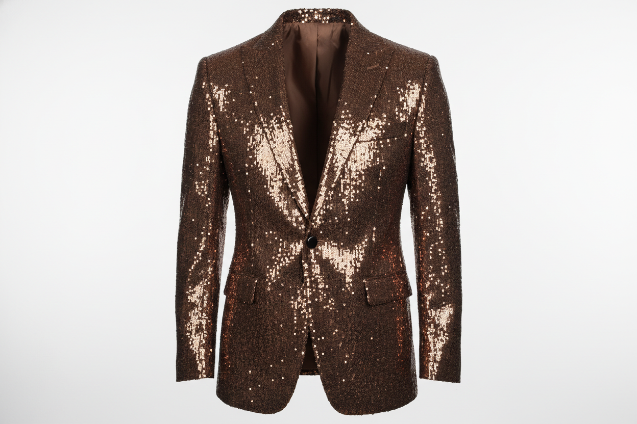 Make a statement with this eye-catching sequin blazer, designed for the modern man who isn't afraid to stand out. Featuring a sleek one-button closure and premium sequin detailing throughout, this piece transforms any outfit into something memorable. The tailored fit accommodates full and plus sizes, ensuring comfort without compromising on style. Perfect for nights out, special events, or whenever you want to elevate your casual wear with a touch of shimmer and sophistication.color brown
